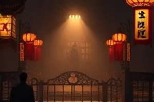 妖精视频精选剧场横版主推画面，夜色海面上灯塔射出的光束与停泊船只